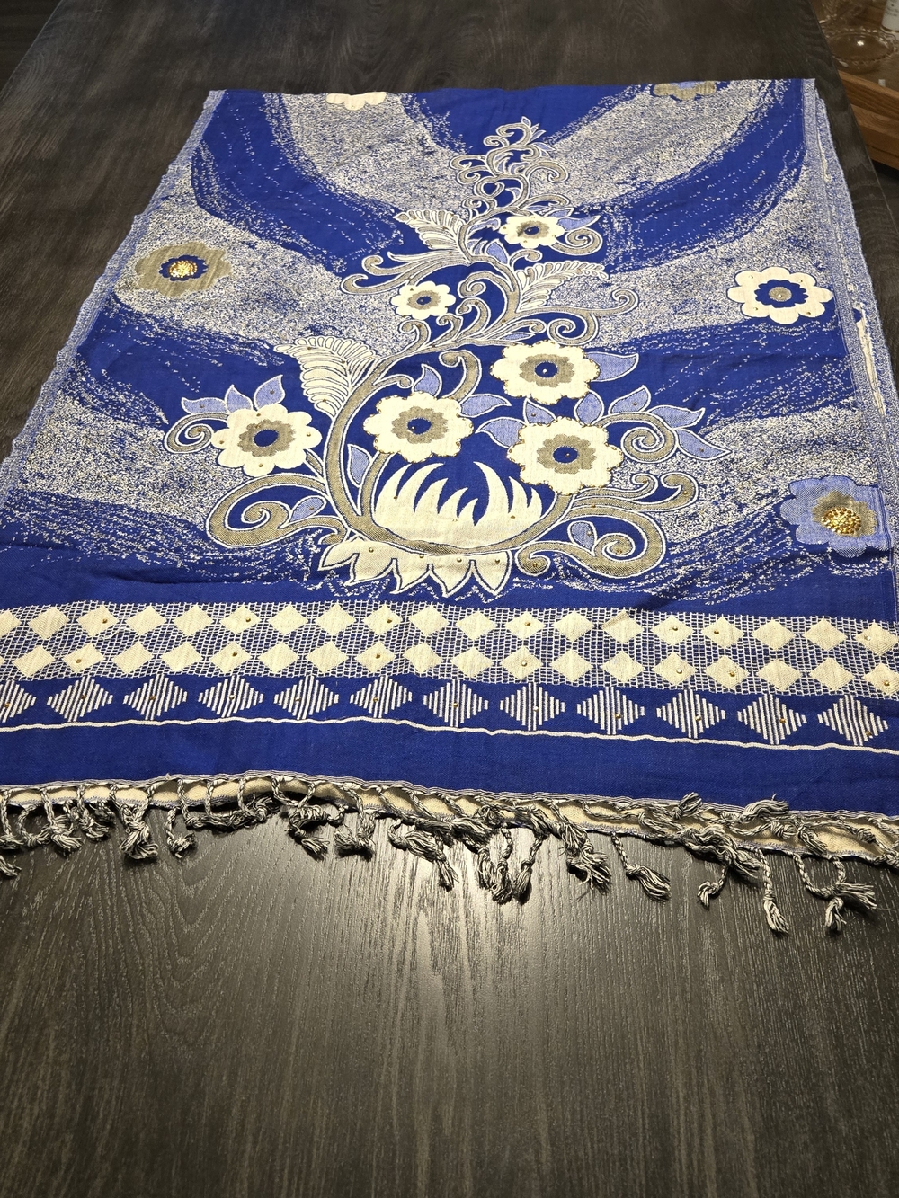 Blue Floral Decorative Dupatta/Stole with Tassels